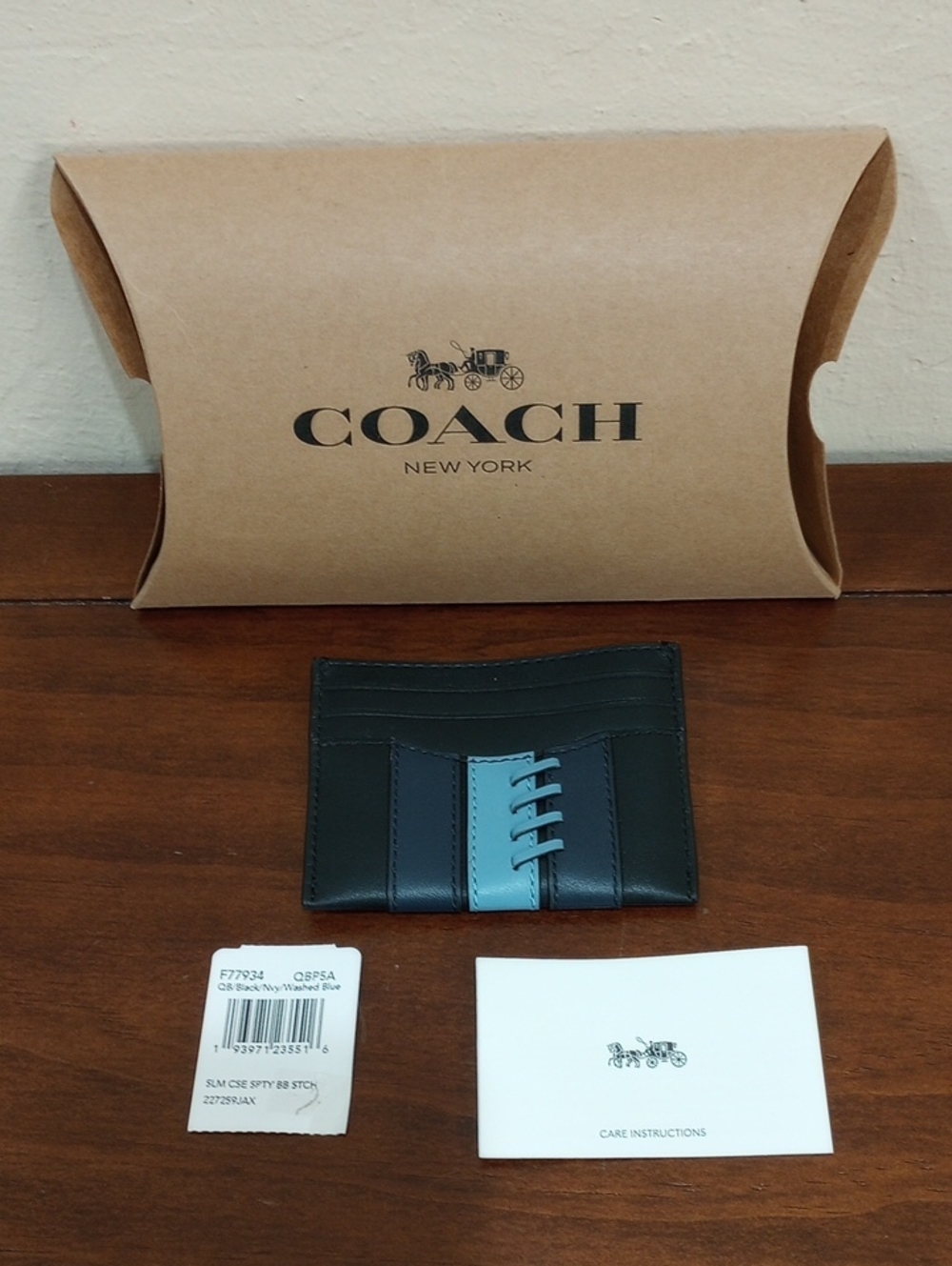 Coach Black Leather Striped Slim Case Card Holder - New!